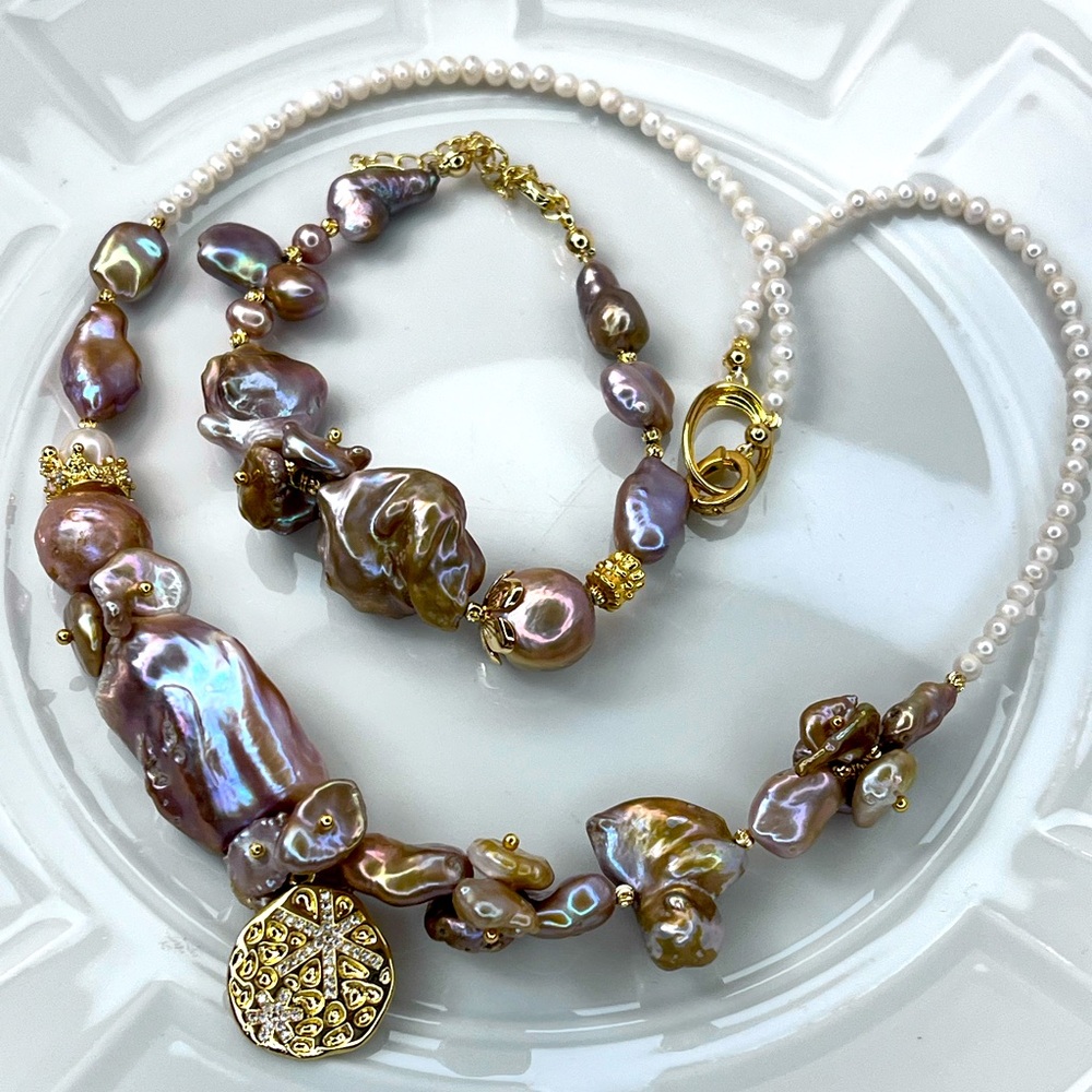 🔥 Handmade Freshwater Unique Golden Lavender Baroque Pearl Necklace Bracelet SET